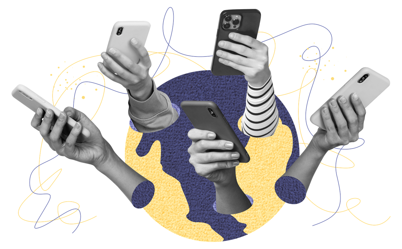 複数の手がスマートフォンを掲げ、地球のようなモチーフを囲むイメージイラスト
