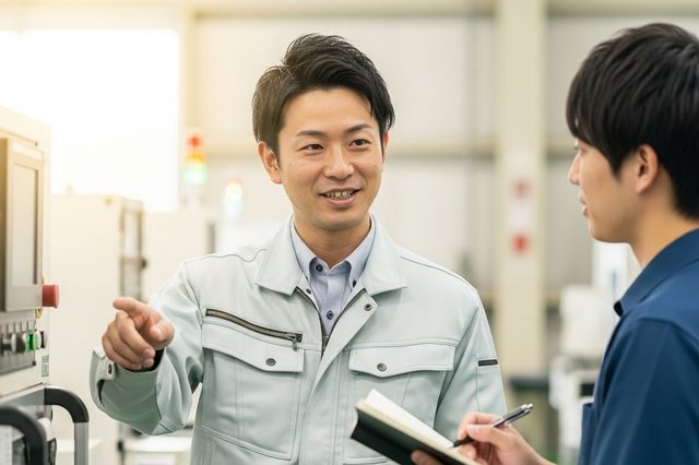 作業着姿の人物が、メモを取る人に機械の前で仕事を説明している様子