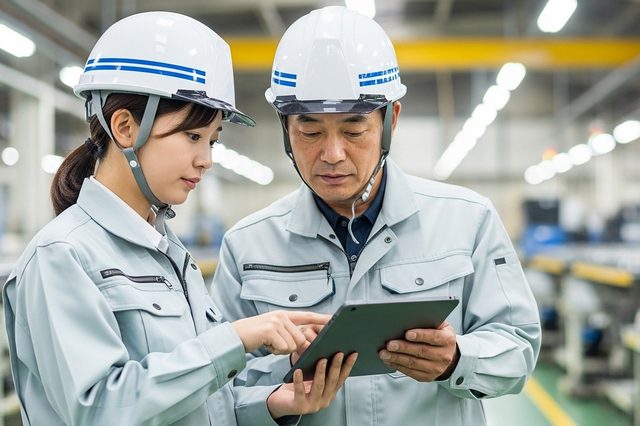 作業着とヘルメット姿の2人が、工場内でタブレットを見ながら確認している様子